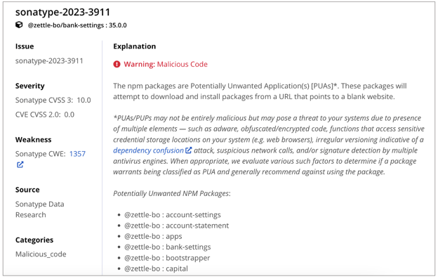 Screenshot from Sonatype database showing how this issue is tracked as sonatype-2023-3911 with an explanation of these npm packages as potentially unwanted applications (PUAs))