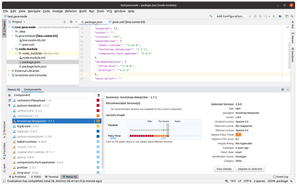 Screenshot showing IntelliJ IDEA scanning a project and finding issues on Node modules