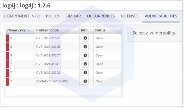 Screenshot of what the CVEs and Sonatype IDs look like within the Sonatype product interface