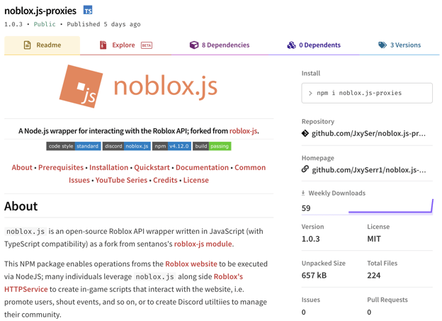screenshot of the Noblox.js page in npm