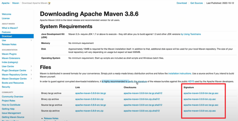 Screen view of download page for Apache Maven 3.8.6 with a red box highlighting that Apache Software Foundation  made PGP its officially enforced signature policy on their releases.